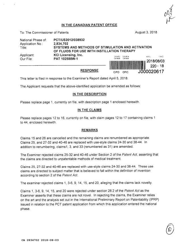 Document de brevet canadien 2834702. Modification 20180803. Image 1 de 10