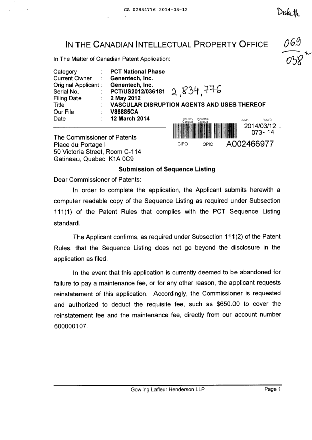 Document de brevet canadien 2834776. Poursuite-Amendment 20140312. Image 1 de 2