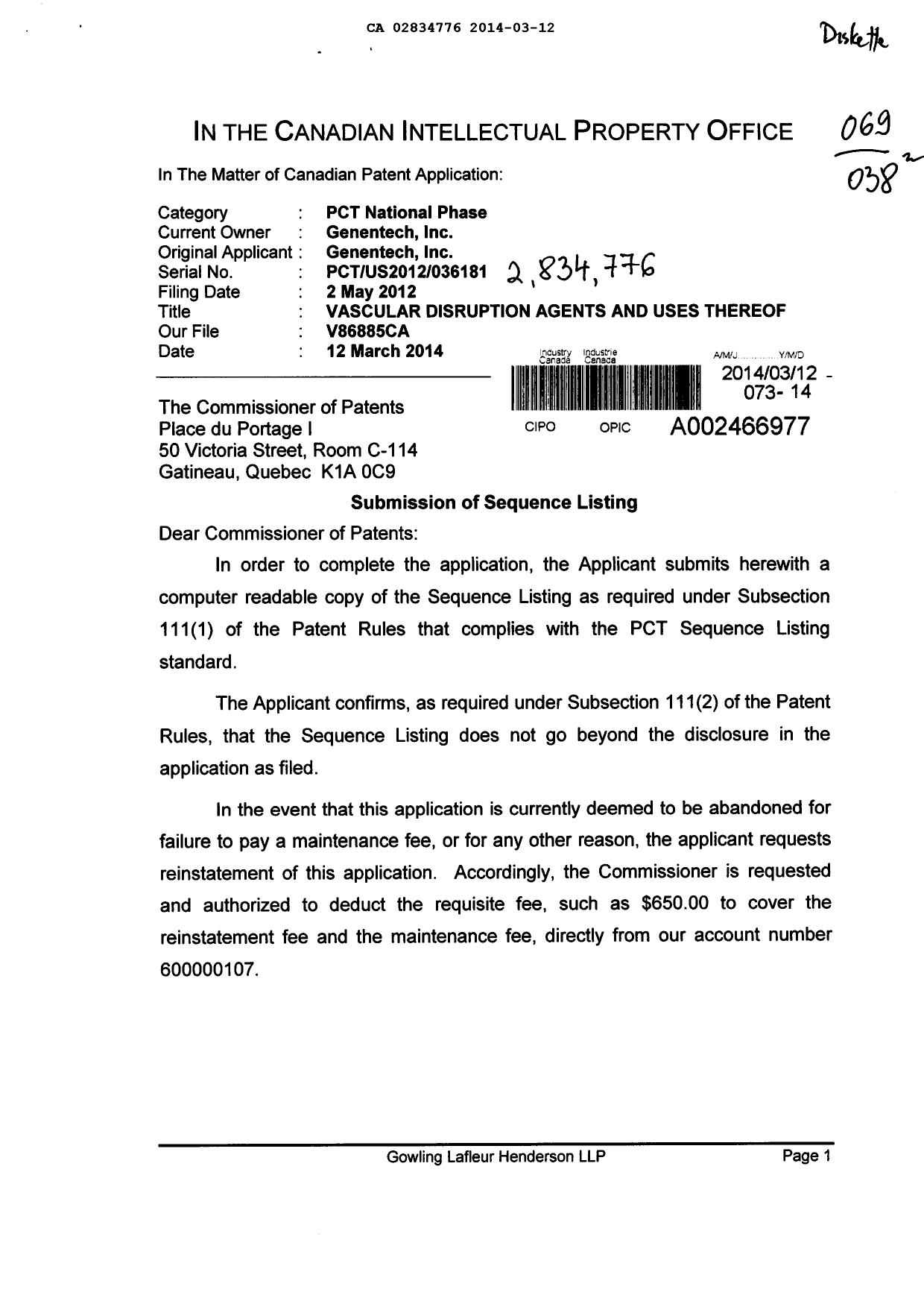 Canadian Patent Document 2834776. Prosecution-Amendment 20140312. Image 1 of 2