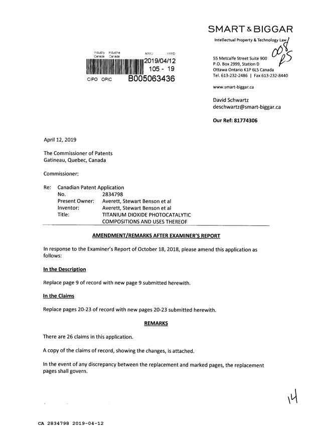 Canadian Patent Document 2834798. Amendment 20190412. Image 1 of 14