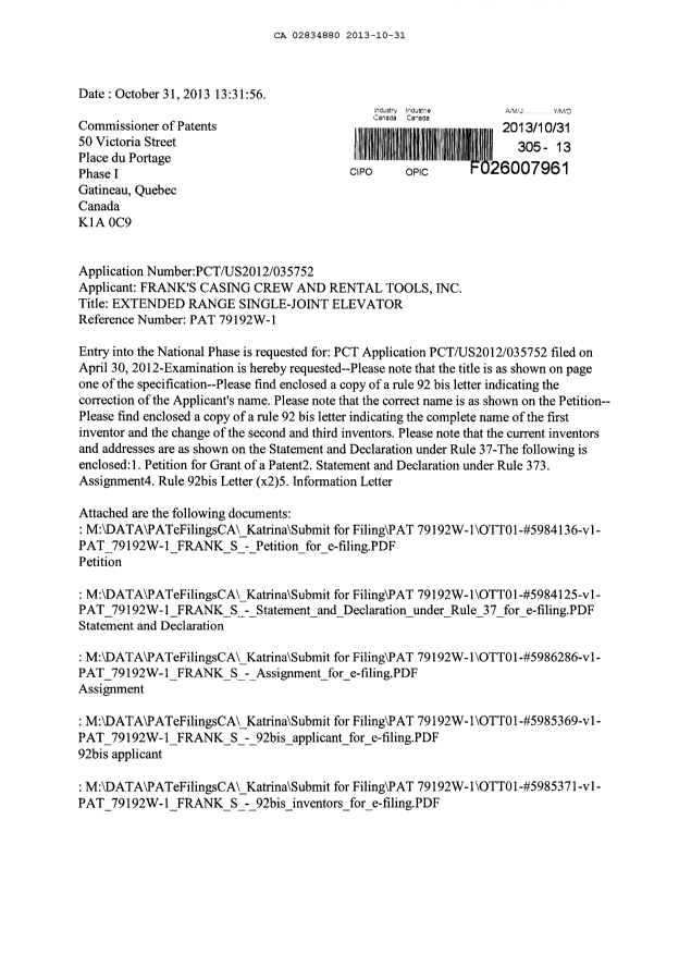 Document de brevet canadien 2834880. Cession 20131031. Image 1 de 13