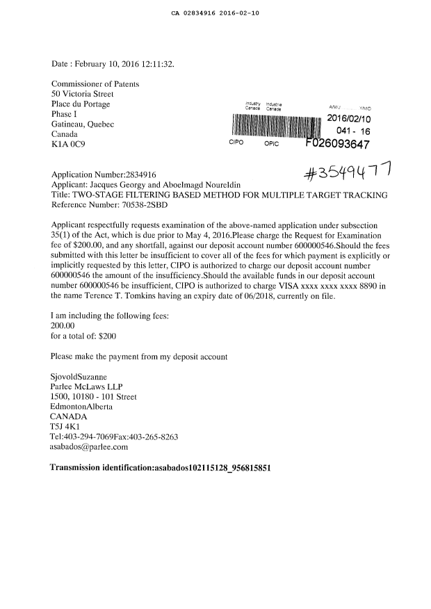 Document de brevet canadien 2834916. Requête d'examen 20160210. Image 1 de 1