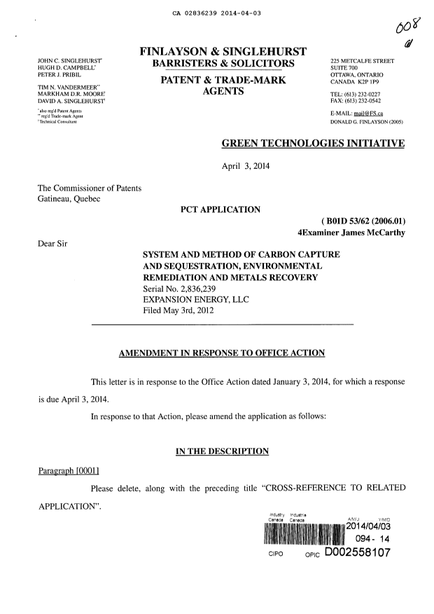 Canadian Patent Document 2836239. Prosecution-Amendment 20131203. Image 1 of 9