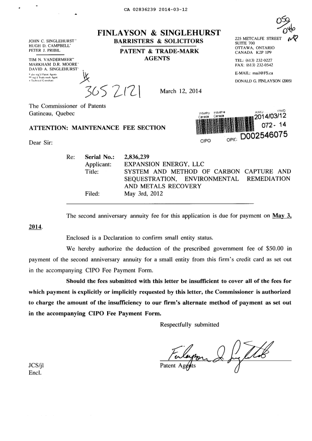 Canadian Patent Document 2836239. Correspondence 20131212. Image 1 of 2