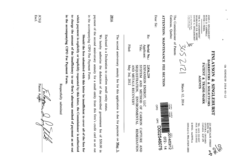 Document de brevet canadien 2836239. Correspondance 20140312. Image 1 de 2