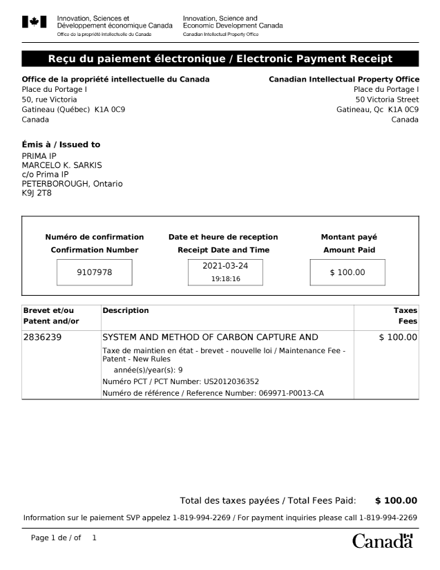 Document de brevet canadien 2836239. Paiement de taxe périodique 20210324. Image 1 de 1