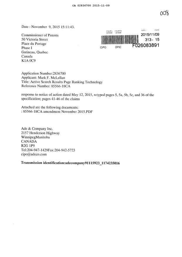 Canadian Patent Document 2836700. Prosecution-Amendment 20141209. Image 1 of 15