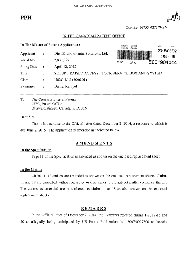 Canadian Patent Document 2837297. Prosecution-Amendment 20150602. Image 1 of 9