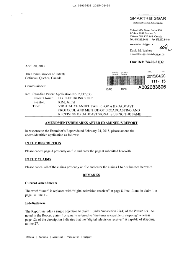 Document de brevet canadien 2837633. Poursuite-Amendment 20150420. Image 1 de 4