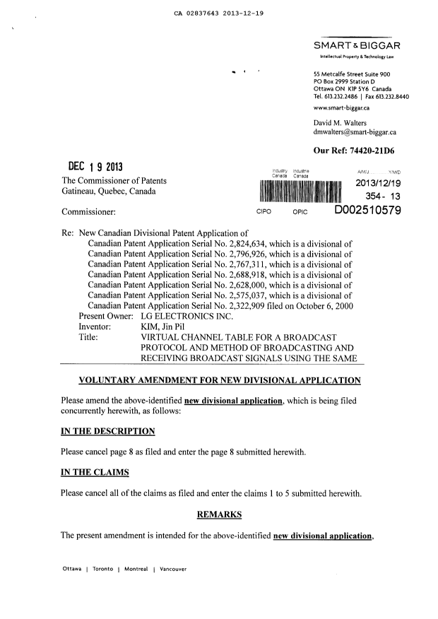 Canadian Patent Document 2837643. Prosecution-Amendment 20121219. Image 1 of 5
