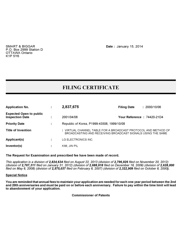 Document de brevet canadien 2837675. Correspondance 20140115. Image 1 de 1
