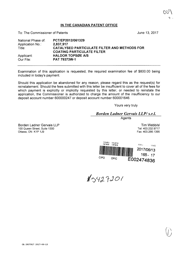 Document de brevet canadien 2837917. Requête d'examen 20170613. Image 1 de 1