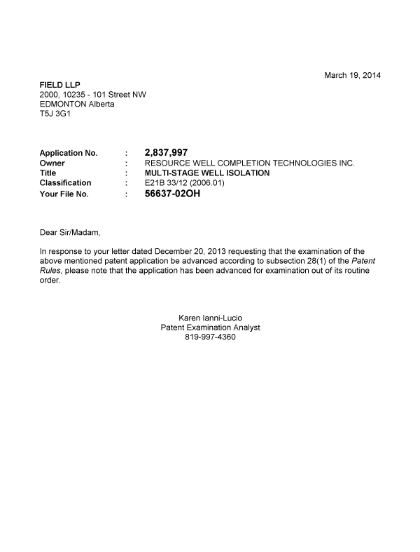 Canadian Patent Document 2837997. Correspondence 20131219. Image 1 of 1