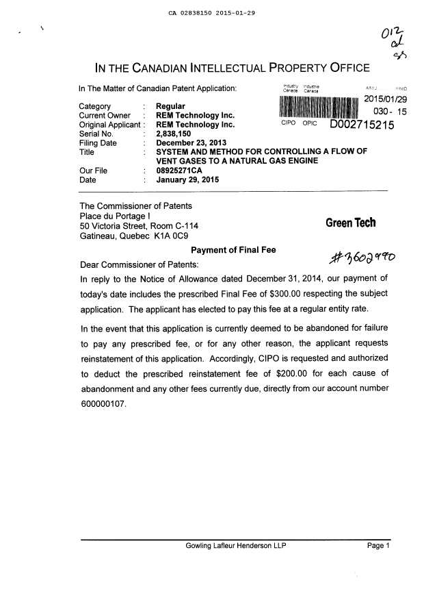 Document de brevet canadien 2838150. Correspondance 20141229. Image 1 de 2