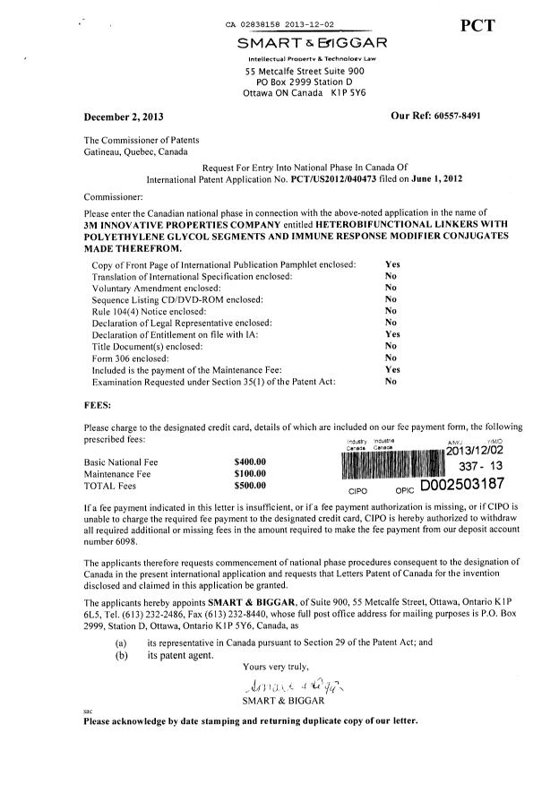 Canadian Patent Document 2838158. Assignment 20131202. Image 1 of 2
