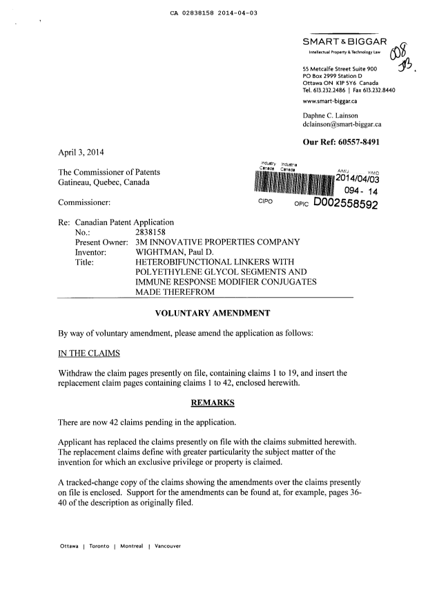 Document de brevet canadien 2838158. Poursuite-Amendment 20140403. Image 1 de 16
