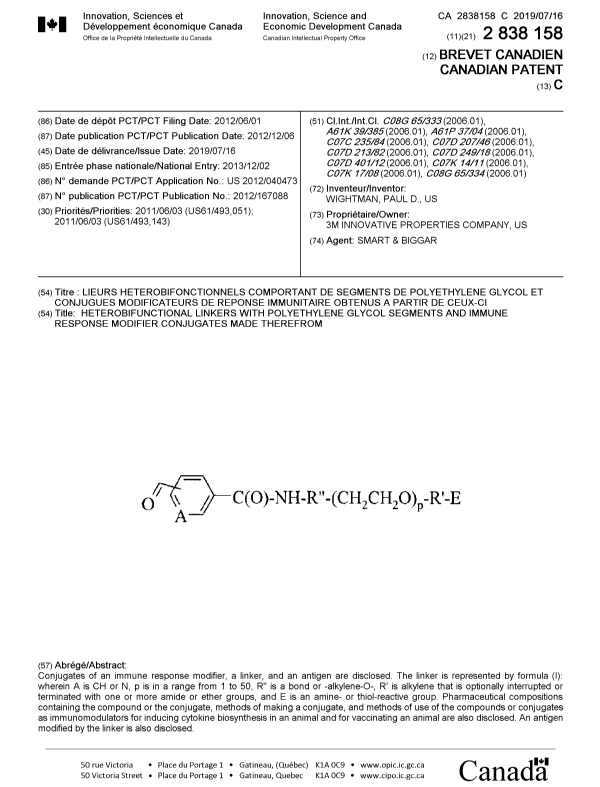 Document de brevet canadien 2838158. Page couverture 20190618. Image 1 de 1