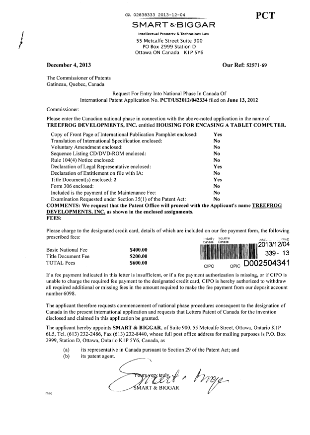 Canadian Patent Document 2838333. Assignment 20131204. Image 1 of 6