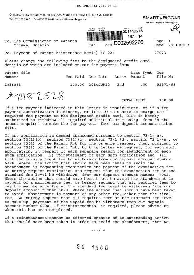 Document de brevet canadien 2838333. Taxes 20140613. Image 1 de 2