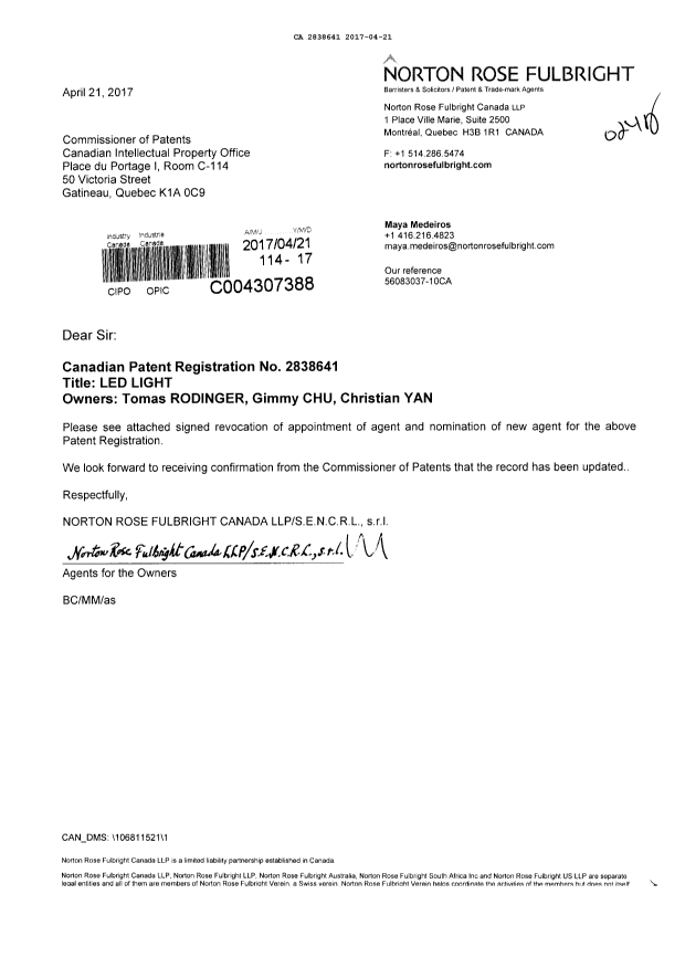 Canadian Patent Document 2838641. Correspondence 20161221. Image 1 of 2