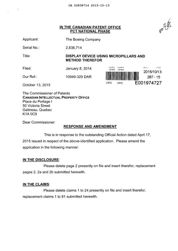 Canadian Patent Document 2838714. Amendment 20151013. Image 1 of 17