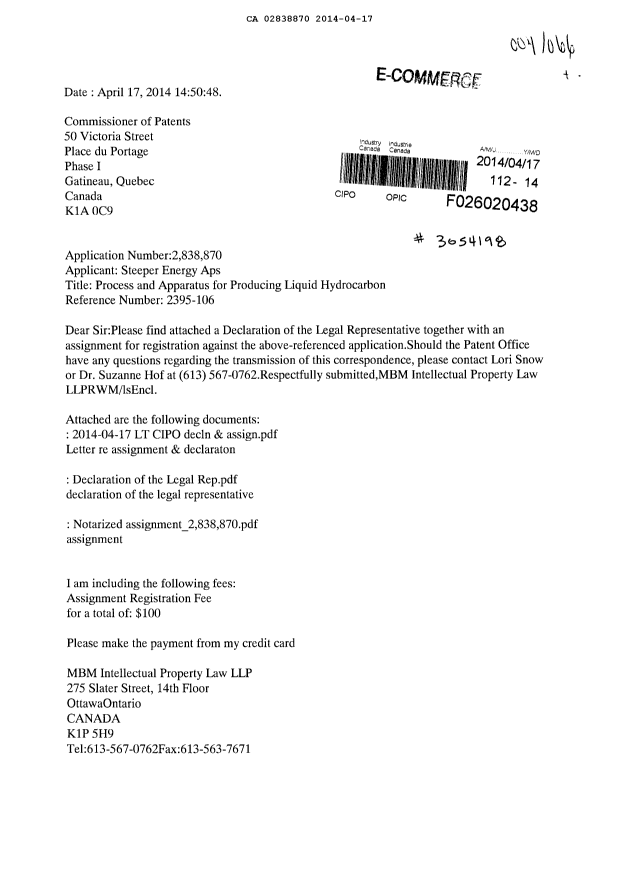 Document de brevet canadien 2838870. Correspondance 20131217. Image 1 de 3