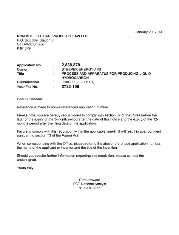 Canadian Patent Document 2838870. Correspondence 20140120. Image 1 of 1