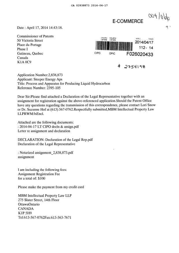 Document de brevet canadien 2838873. Correspondance 20131217. Image 1 de 3