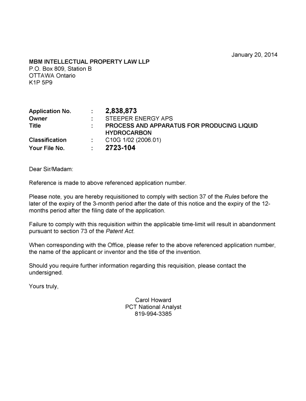 Document de brevet canadien 2838873. Correspondance 20131220. Image 1 de 1