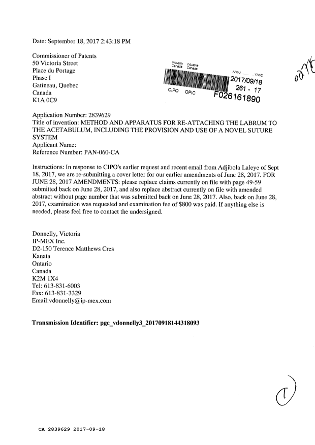Document de brevet canadien 2839629. Correspondance de la poursuite 20170918. Image 1 de 1