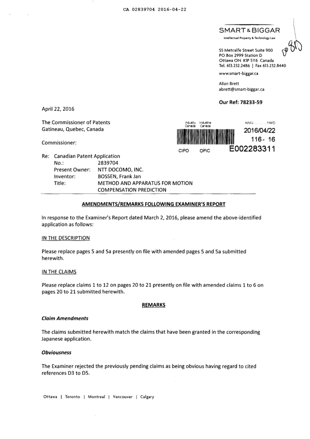 Document de brevet canadien 2839704. Modification 20160422. Image 1 de 6