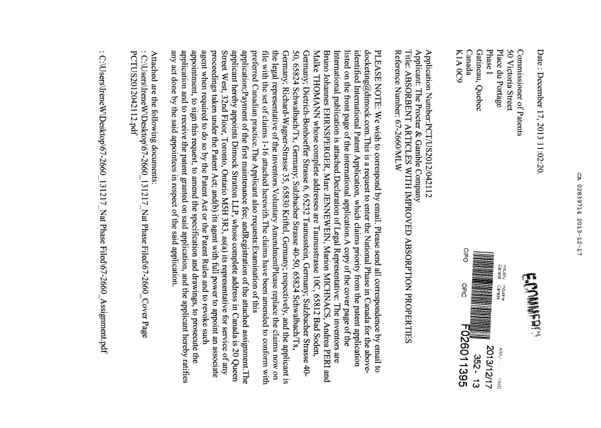 Document de brevet canadien 2839714. Cession 20131217. Image 1 de 9