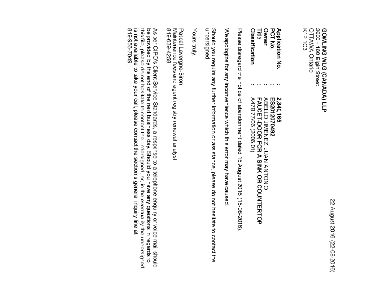 Document de brevet canadien 2840165. Correspondance 20151222. Image 1 de 1