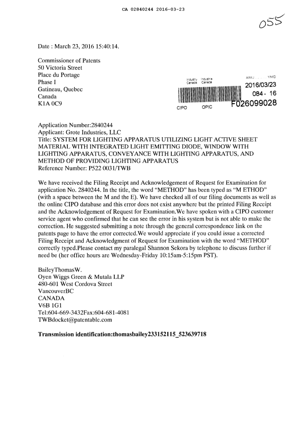 Document de brevet canadien 2840244. Accusé de correction d'entrée en phase nationale 20160323. Image 1 de 1
