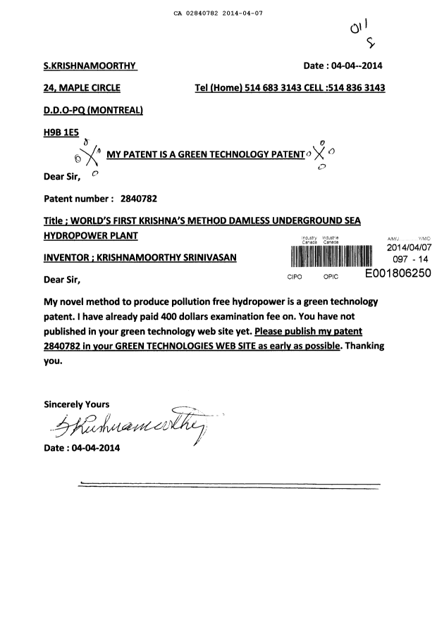 Document de brevet canadien 2840782. Poursuite-Amendment 20131207. Image 1 de 1
