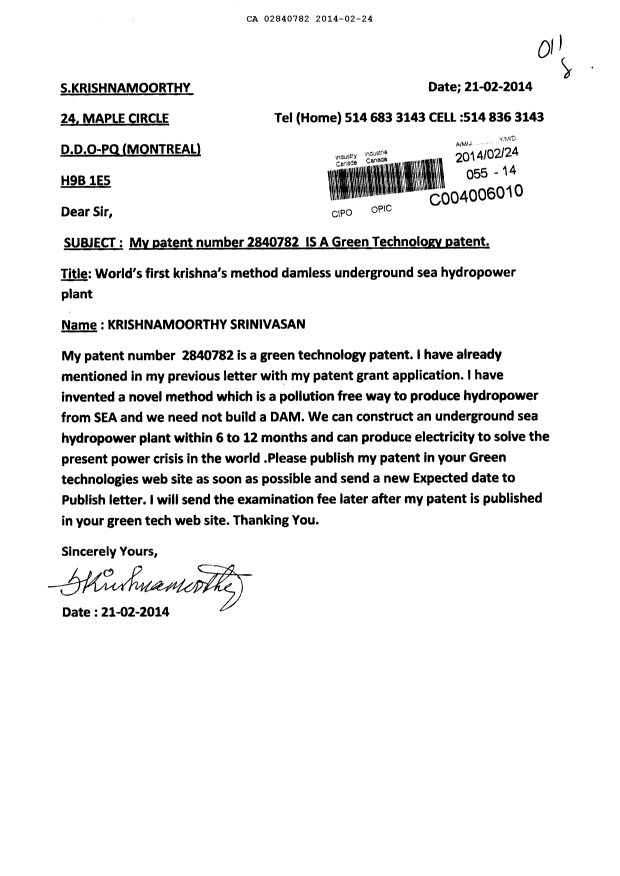 Document de brevet canadien 2840782. Poursuite-Amendment 20131224. Image 1 de 1