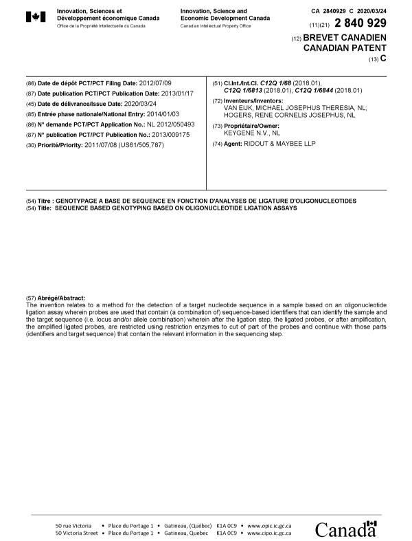 Document de brevet canadien 2840929. Page couverture 20200317. Image 1 de 1