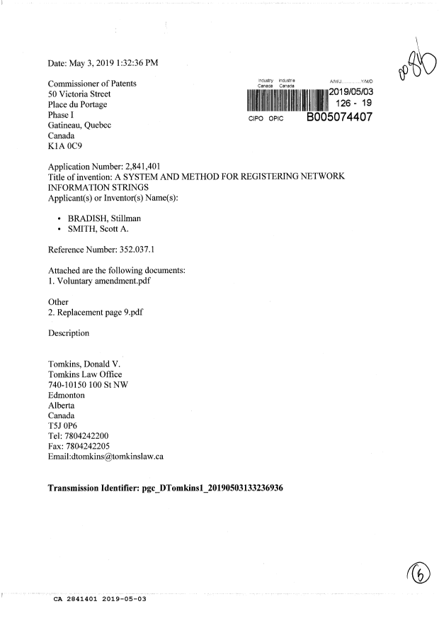 Document de brevet canadien 2841401. Modification 20190503. Image 1 de 5