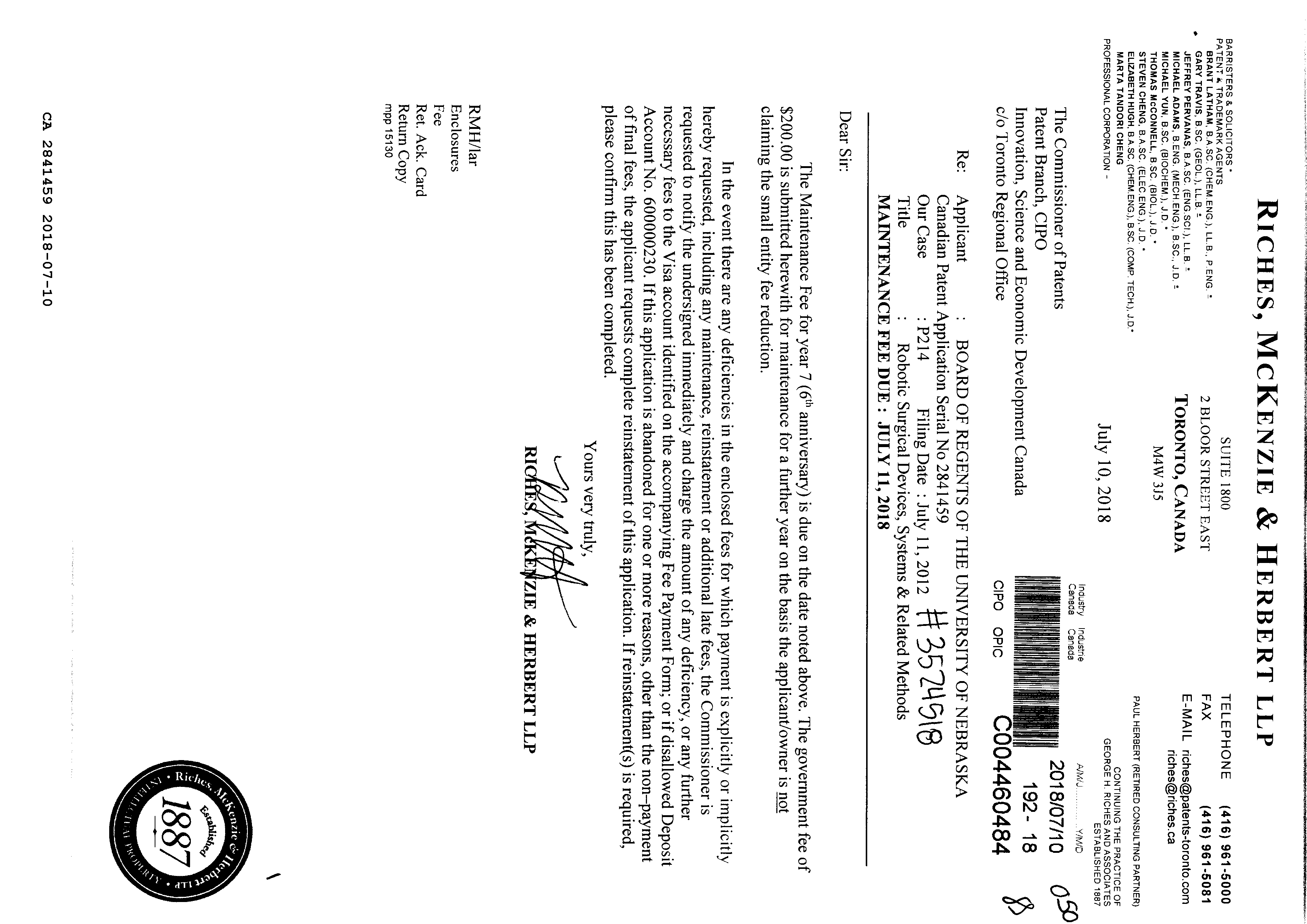 Canadian Patent Document 2841459. Fees 20171210. Image 1 of 1