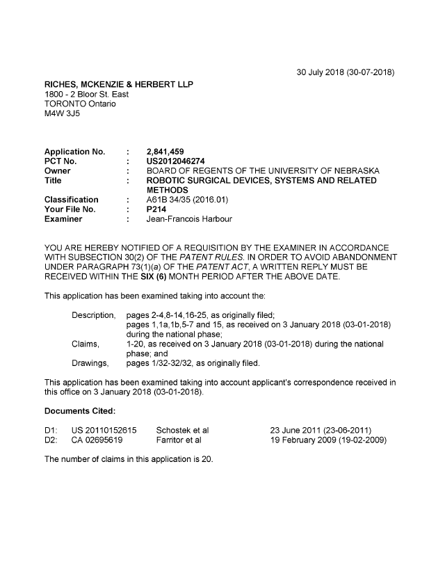 Canadian Patent Document 2841459. Examiner Requisition 20180730. Image 1 of 8