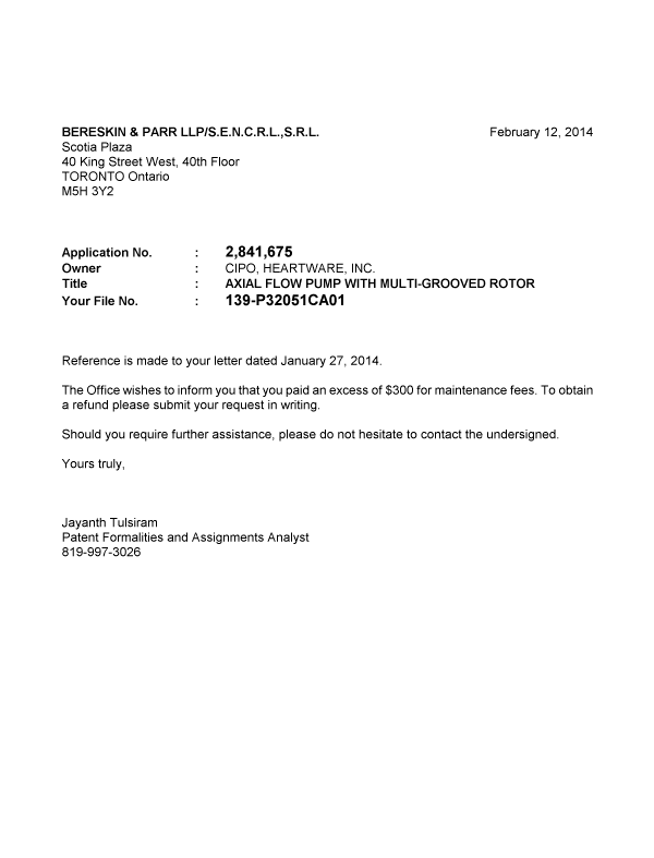 Document de brevet canadien 2841675. Correspondance 20140212. Image 1 de 1