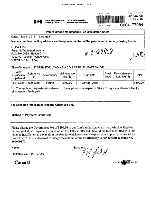 Canadian Patent Document 2842028. Fees 20151206. Image 1 of 1