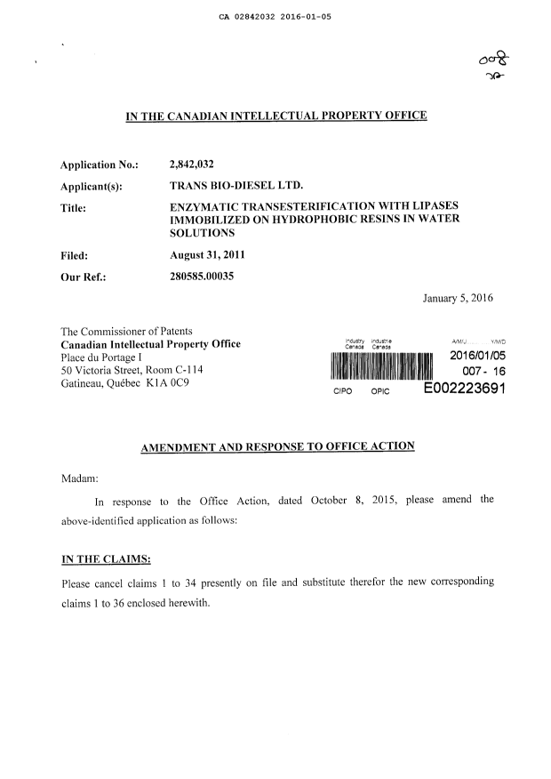 Canadian Patent Document 2842032. Prosecution-Amendment 20151205. Image 1 of 15