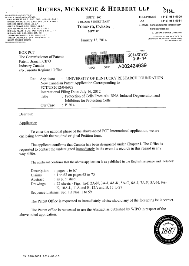 Document de brevet canadien 2842034. Cession 20140115. Image 1 de 5
