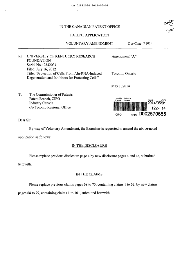 Document de brevet canadien 2842034. Poursuite-Amendment 20140501. Image 1 de 16