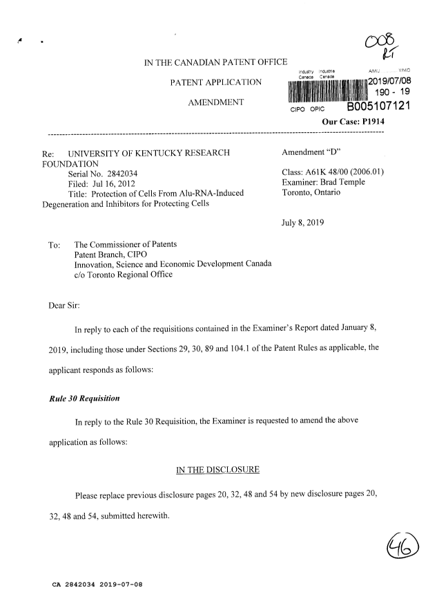 Document de brevet canadien 2842034. Modification 20190708. Image 1 de 46