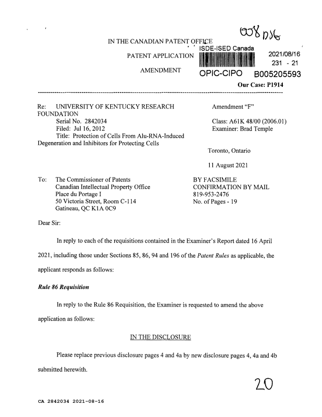 Document de brevet canadien 2842034. Modification 20210816. Image 1 de 20