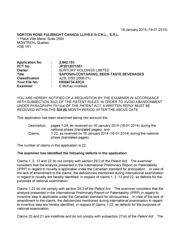 Document de brevet canadien 2842153. Poursuite-Amendment 20150119. Image 1 de 3