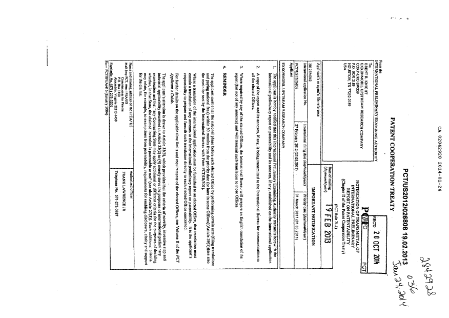 Canadian Patent Document 2842928. International Preliminary Examination Report 20140124. Image 1 of 5