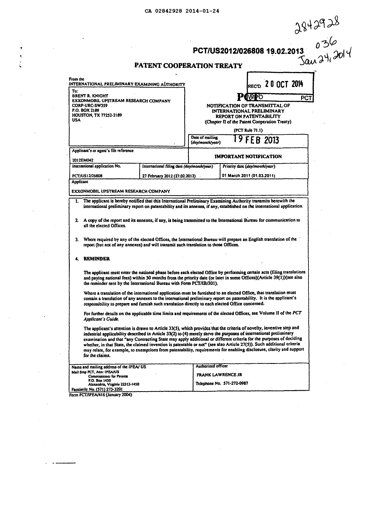 Canadian Patent Document 2842928. International Preliminary Examination Report 20140124. Image 1 of 5